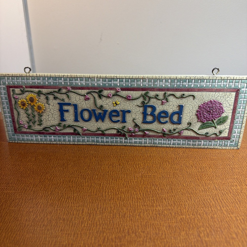 Distressed Floral "Flower Bed" Cottagecore Rectangle Wall Or Garden Sign 14x4"
